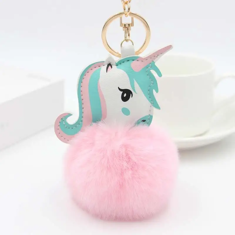 BM1116 Pompom Unicorn Keychain Rabbit Fur Ball Horse Key chain porte clef Bag Car Keyring llavero mujer chaveiros For Women