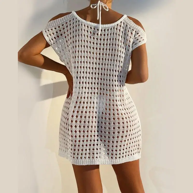 Oem Custom Hollow Out Cut-out Dot V-neck Button Knitted Summer Beach Sundress Elegant Sexy Casual Mini Dress Women