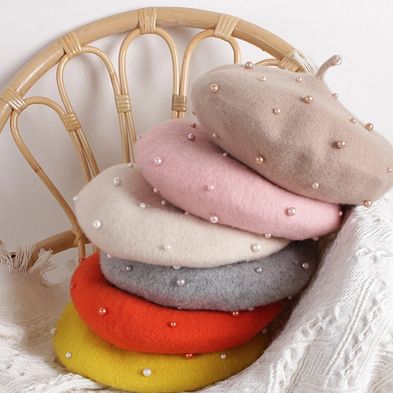 Wholesale Custom Children Kids Gril Fashion Pearl Wool Beret Hat Outdoor Adjustable Beret Hat cap
