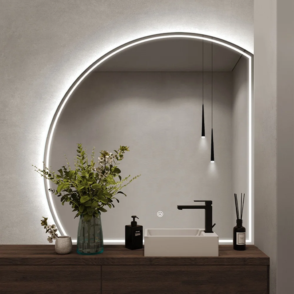 irregular half moon shape  LED illuminated wall mirror dressing mirror with stepless dimming light