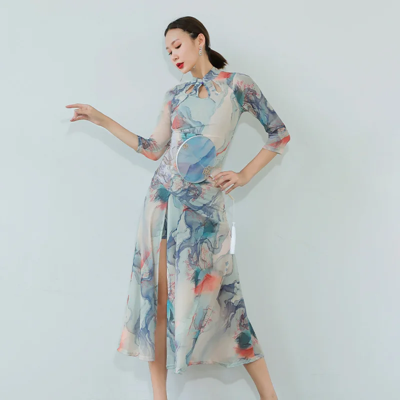 Wholesale New Chinoiserie colored ink wash high split Oriental belly dance performance cheongsam dress