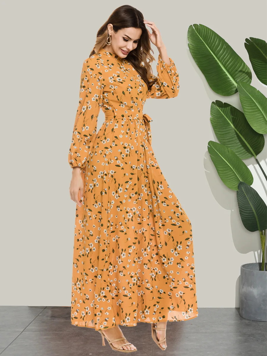 2021 Arabic Latest Design High Neck Long Sleeve Maxi Dress Dubai Fancy Printing Yellow Flower Abaya