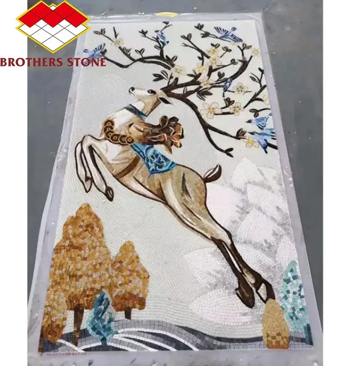 Modern Custom Deer Mosaic Wall Panel Square Design with a Stylish Deer Mural Made from Marble