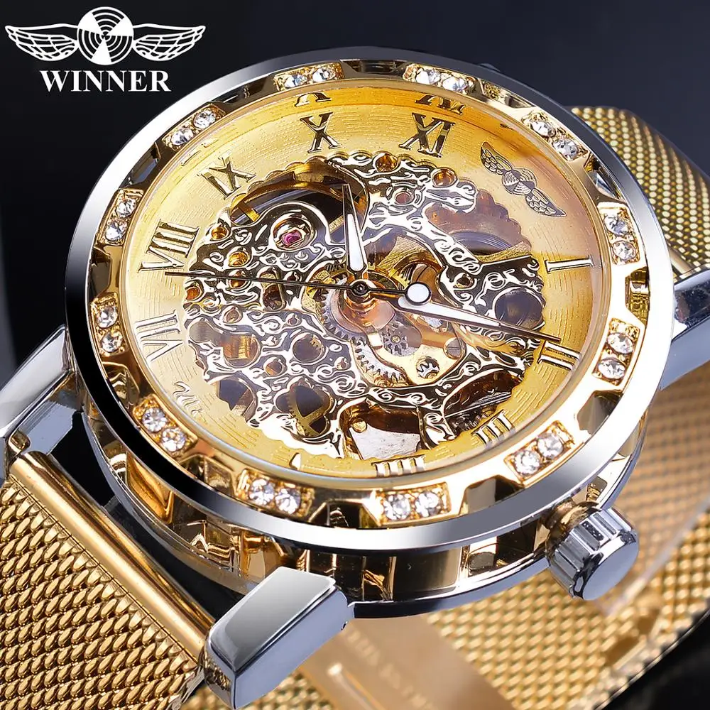 
Winner Brand Men Mechanical Watch Golden Hand Winding Skeleton Rhinestone Mesh Steel Band Strap Male Wristwatch Relogio Dropship 