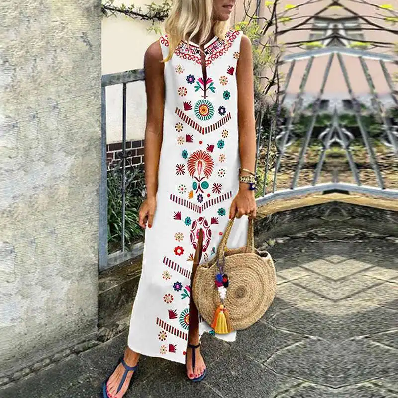 Wholesale Long Floral Printed Sleeveless Loose Dress ladies Split White Black Beach Boho Maxi Dresses Women Summer