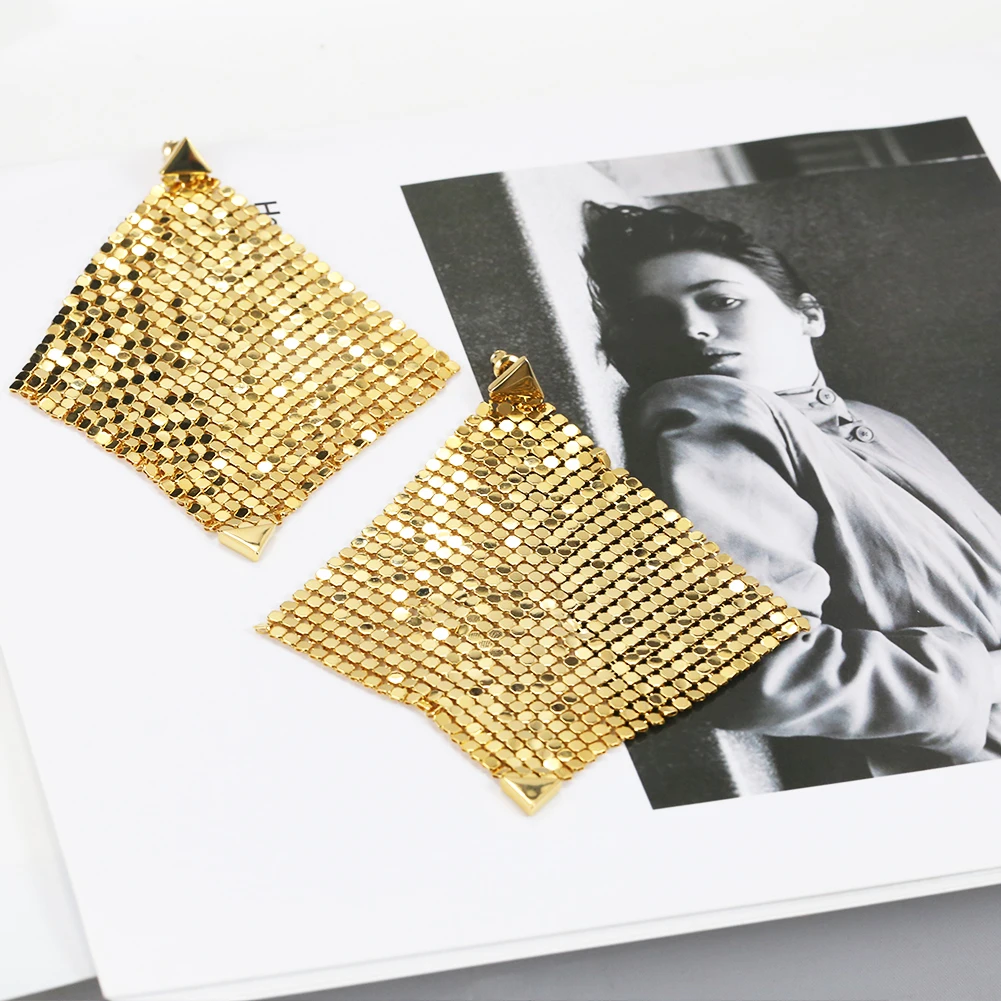 Large Luxury Dangle Earrings For Women Shiny Real Gold Plated Mesh Grid Sequins Metallic Disco Earrings For Prom Party Dress Up