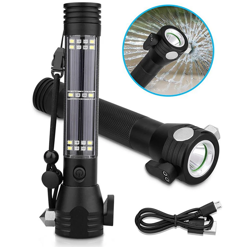 LED Solar Rechargeable alarm flash torch rock emergency auto fishing torch light Flashlight