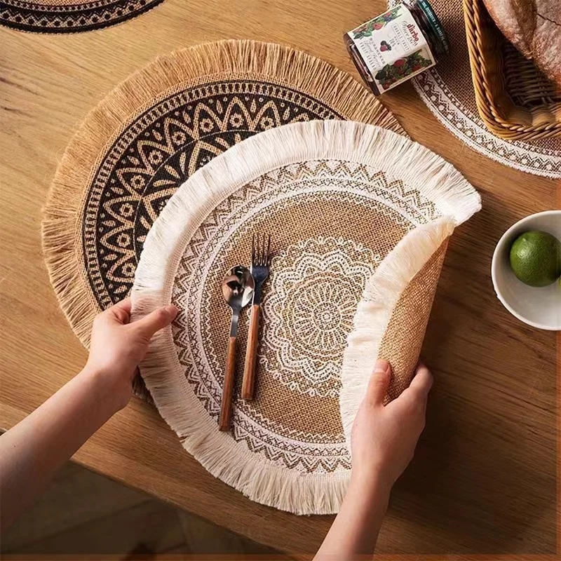 Kitchen Dining Cotton linen Jute Placemat Boho  Woven Tassel Printed Table Mats Pad Heat Resistant Waterproof jute Placemat