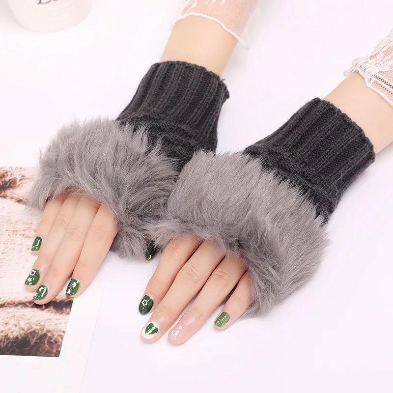 Fingerless Winter Gloves Short Touchscreen Gloves Thumb Hole Mittens Knitted Warm Gloves with Faux Fur