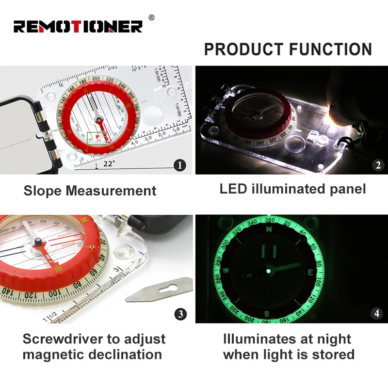 Multi-functional Flip-Flop Camping Hiking Compass with Magnetic Declination Adjustable LED Light