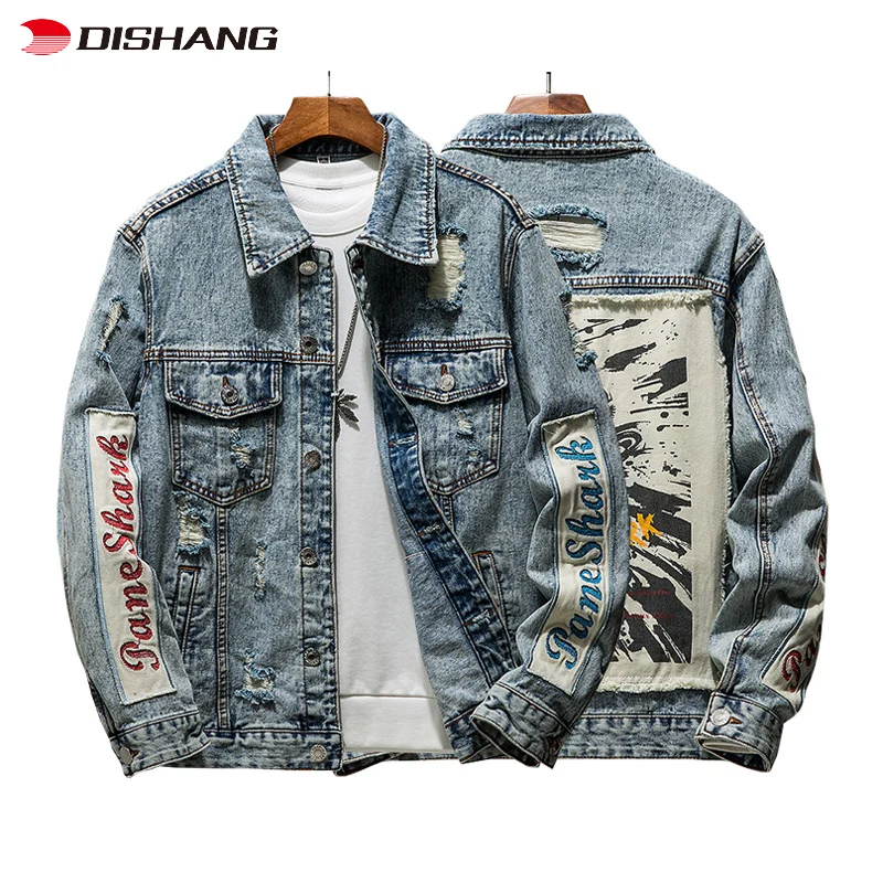 High Quality Fashion Trend Retro Style Print Ripped Loose Jacket Denim Jacket Plus Size Men