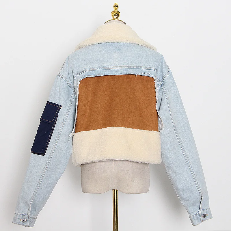 Winter Coat Lamb Hair Inner Deerskin Jean Patchwork Coat Oversized Denim Jacket For Woman Ladys