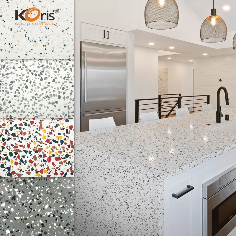 Koris artificial stone kitchen island quartz terrazzo style acrylic solid surfa worktop countertop