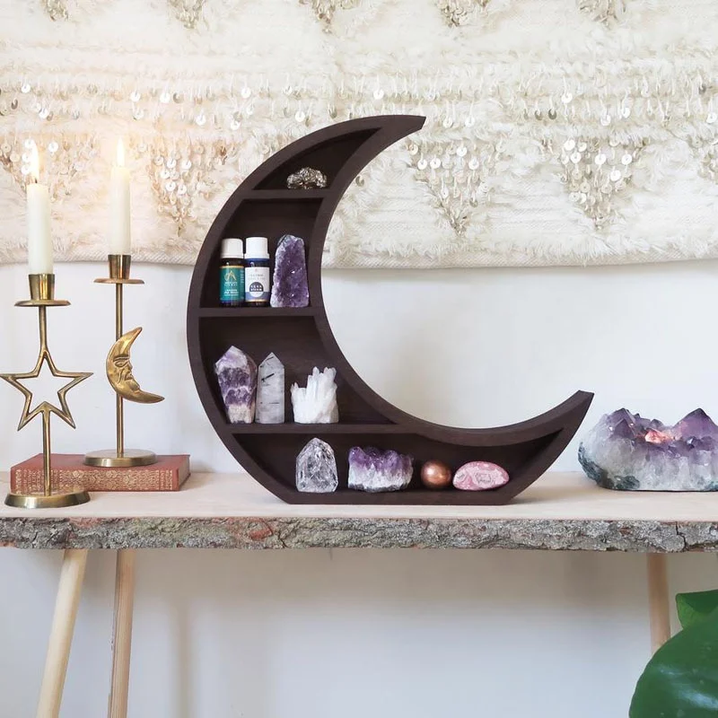 Wooden Moon Shape Wall Decor Bathroom crystal Organizer shelf for crystal displaying