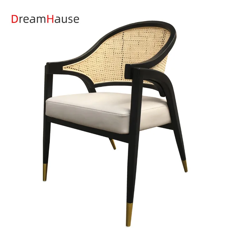 Dreamhause Simple Modern American Solid Wood Dining Chairs Wood Rattan Chair Nordic Cafe Chair with PU Upholstered