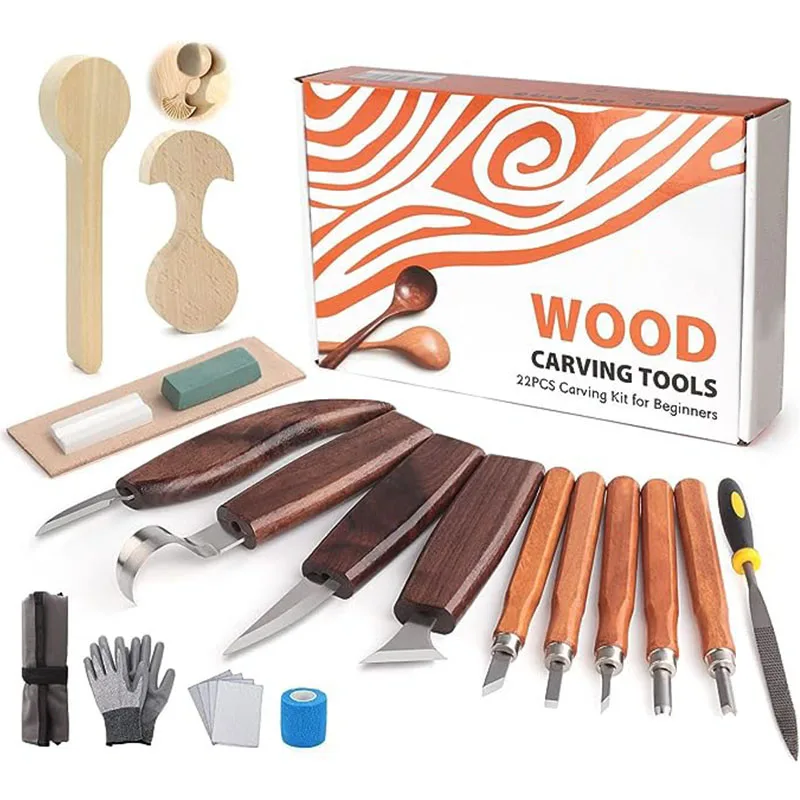 Chinese art supplies 22-piece woodworking carving knife set with non-slip cutting gloves, wooden spoon carving kit