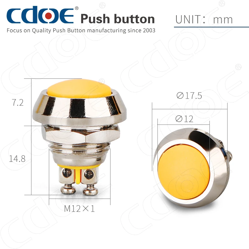 12mm Nickel plated brass Domed head Self recovery push switch button waterproof for Kitchen equipment
