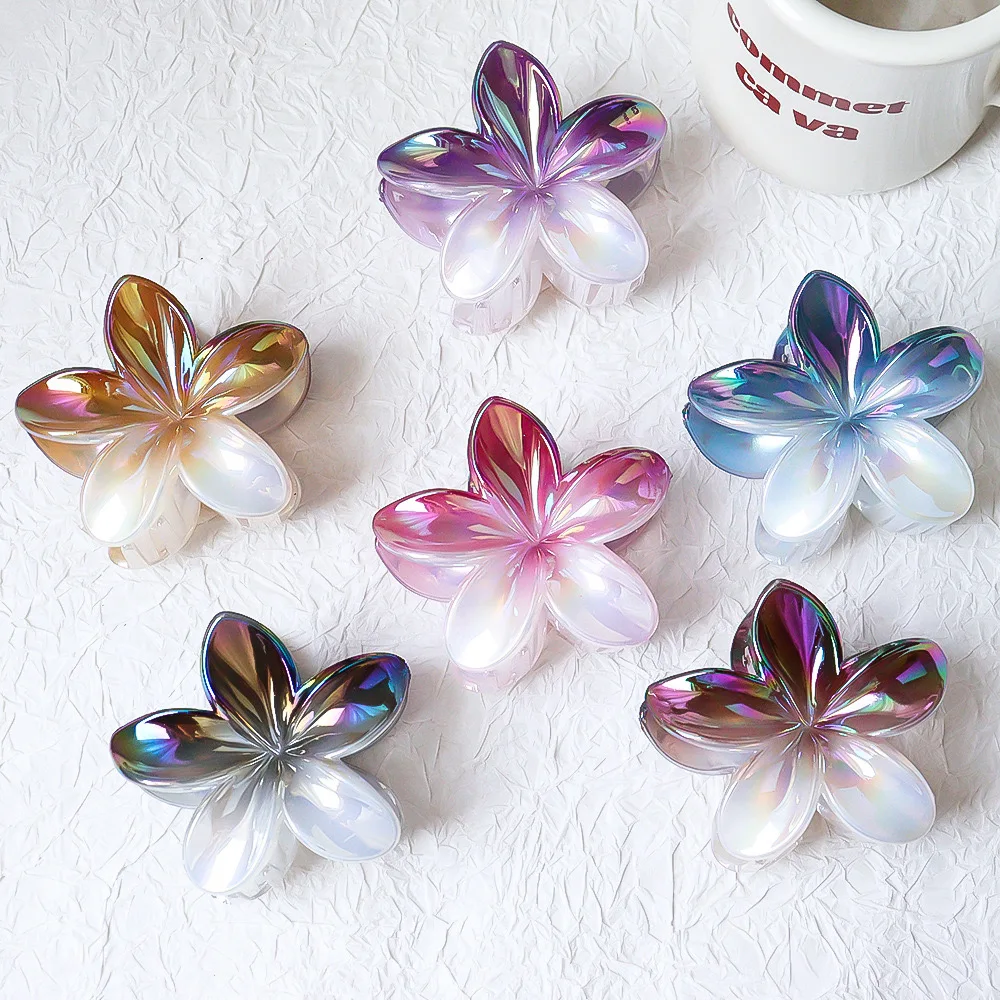 New Hot Sell Women Girls Plumeria Hair Accessories Abs Hawaiian Delicate Gradient Color Flower Hair Claw Clips
