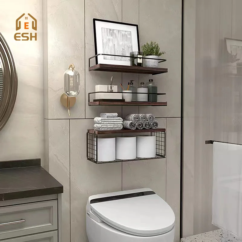 Hot Sale Hanging Storage Metal and Wood Wall Mounted Floating Wall Shelf