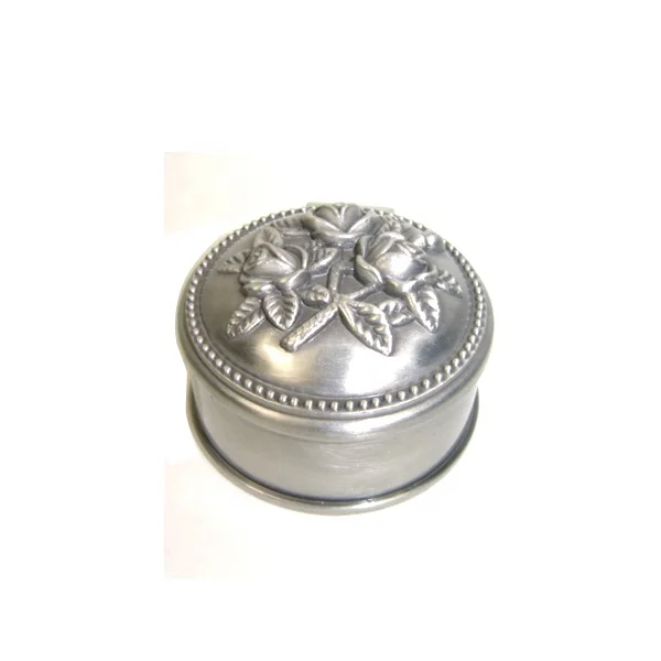 Pretty rose round metal jewelry box in pewter plated