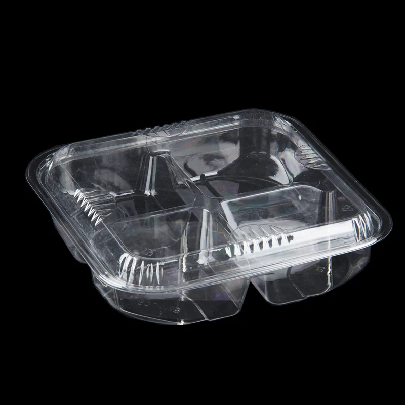 Disposable Clear Plastic PET Food Tray with 4 Compartments and Embossed Square Blister Lid for Cake Storage Fruit Box Packaging
