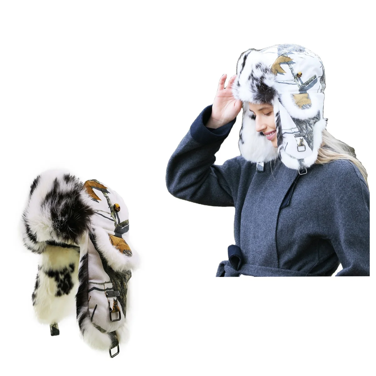 A052 FUR WINTER Custom Fur Trooper Earflap Trapper With Ear Flaps Camouflage Winter Warm Aviator Hats