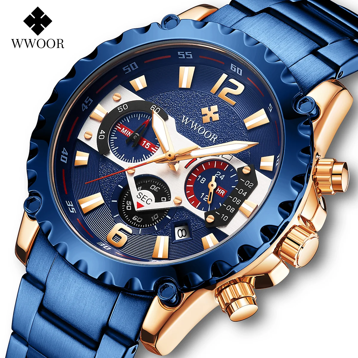 New WWOOR 8880 Blue Watch Sports Stainless Steel Mens Chronograph Watch Quartz Waterproof Wristwatch Relogio Masculino