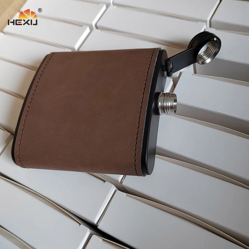 6oz Stainless Steel Brown Personalized Hip Flask Leather Wrapped