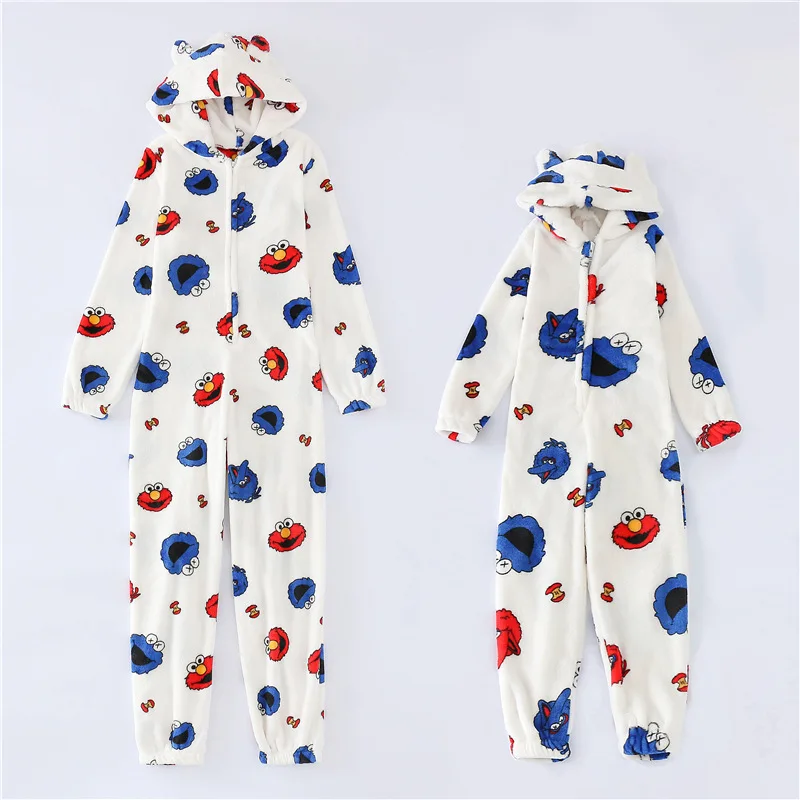 
Plush thick plus size jumpsuit hooded pajamas parent child home sleepwear  (1600162648789)
