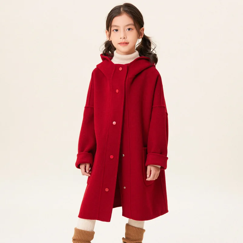 Europe Design Girls Double-sided Cashmere Coat Autumn Winter 100% Wool Girls Fashion Red Christmas Coat