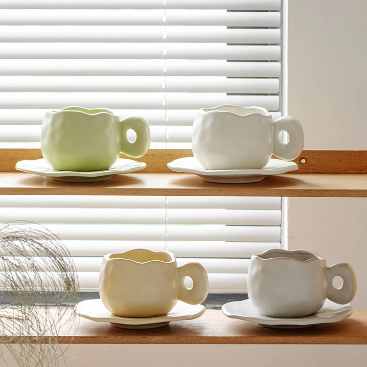 Aesthetic Ins Style Ceramic Coffee Mug with Saucer Handcrafted Irregular Textured Milk Tea Cup Set Best Gift for Coffee Lovers