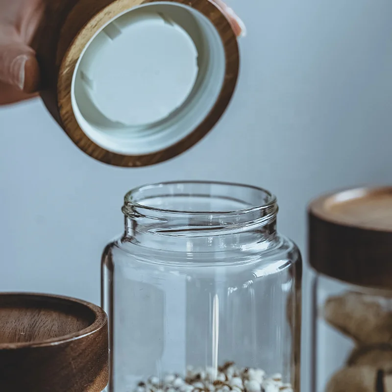 High Quality Luxurious Acacia Wood Material Kitchen Spice Storage Glass Jar with Black Wooden Lid