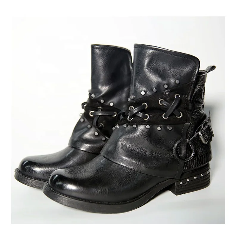 Hot Selling Autumn Winter Black Round Toe Retro Pumps Shoes European Style Rivet Low Heel Slip On Casual Women Ankle Boots