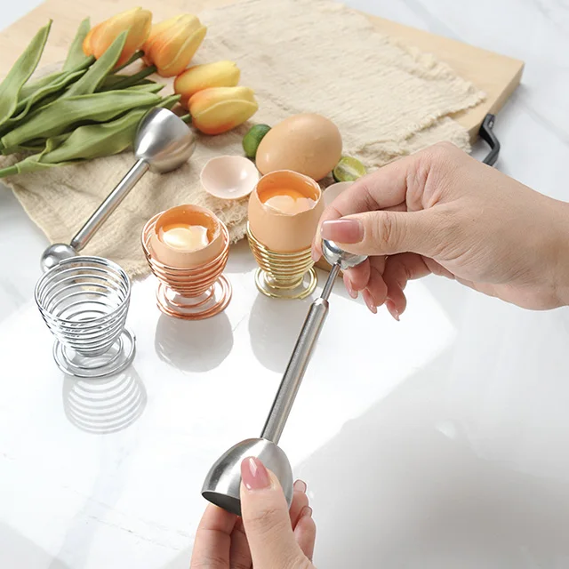 Best Selling Multifunction Kitchen Gadget Stainless Steel Boiled Egg Cup Spring Holder Egg Opener