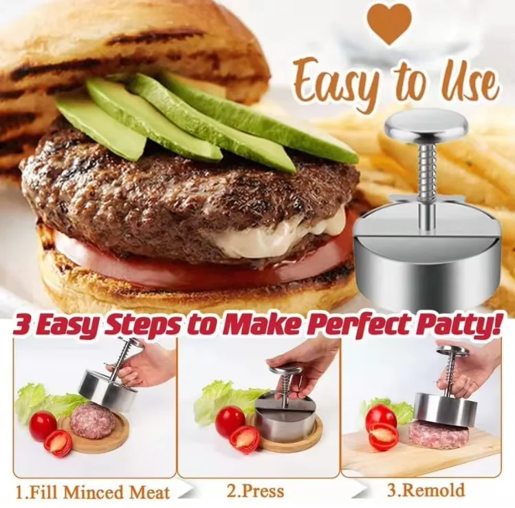 Manual Food Grade 304 Stainless Steel Hamburger Patty Maker Burger Press for Meat, BBQ, Homemade Cooking