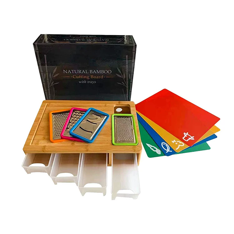 Premium no slip grip large organic thick index vegetable bamboo chopping cutting board set with container