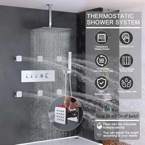 16 Inch Rainfall Shower System Independent Flow Control Thermostatic Valve Push-Button Soft Chrome Finish Temperature Display