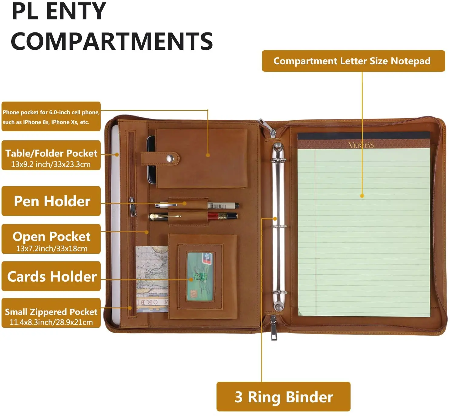 Professional Leather Business Padfolio Portfolio Case, 3 Ring Binder,Zippered Business Document Organizer Tablet Holder Folder C