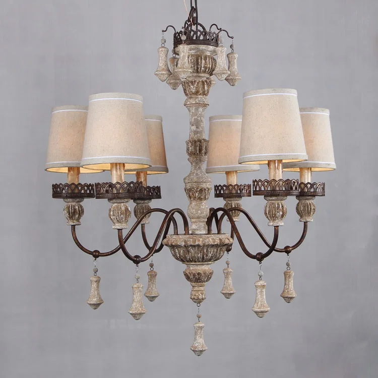 New solid wooden cheap chandelier ,linen shade 8-lights retro iron chandelier