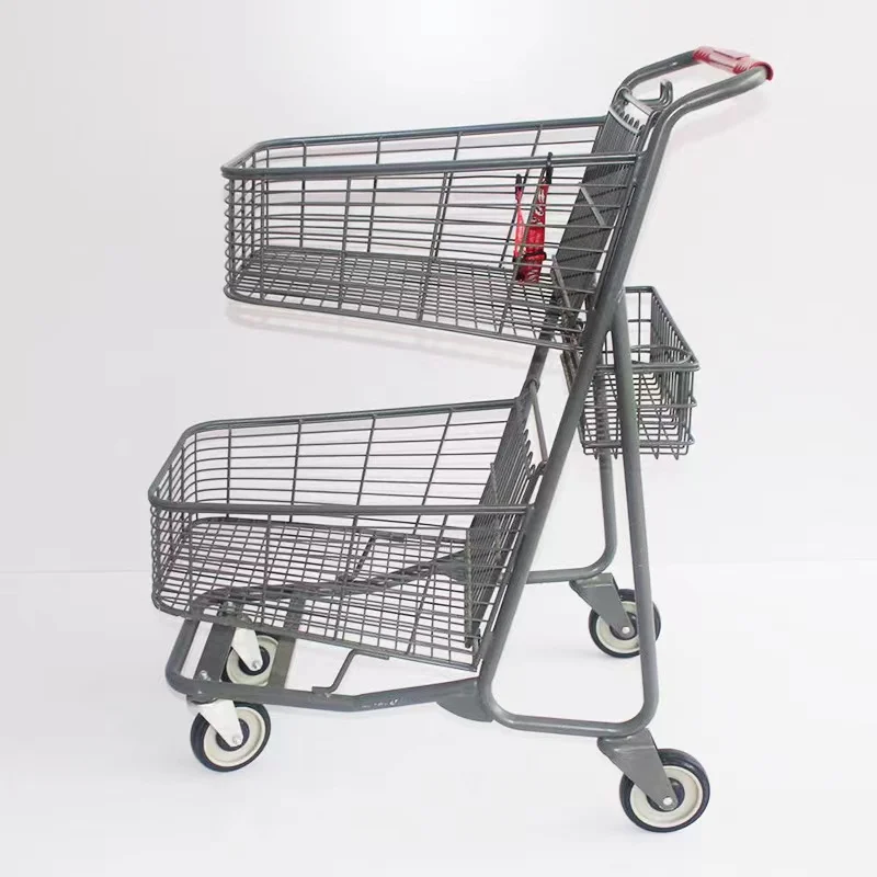 DOUBLE BASKET 2-TIER TROLLEY STORAGE USED SUPERMARKET CARTS WITH BAG BASKET