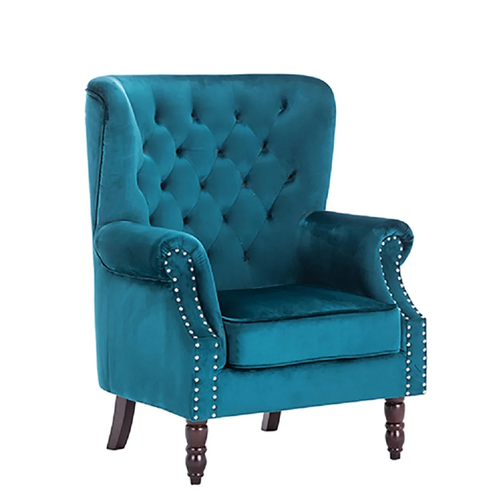 Big size wing back tufted button velvet fabric armchair,upholstered studded lounge chair with armrest chair