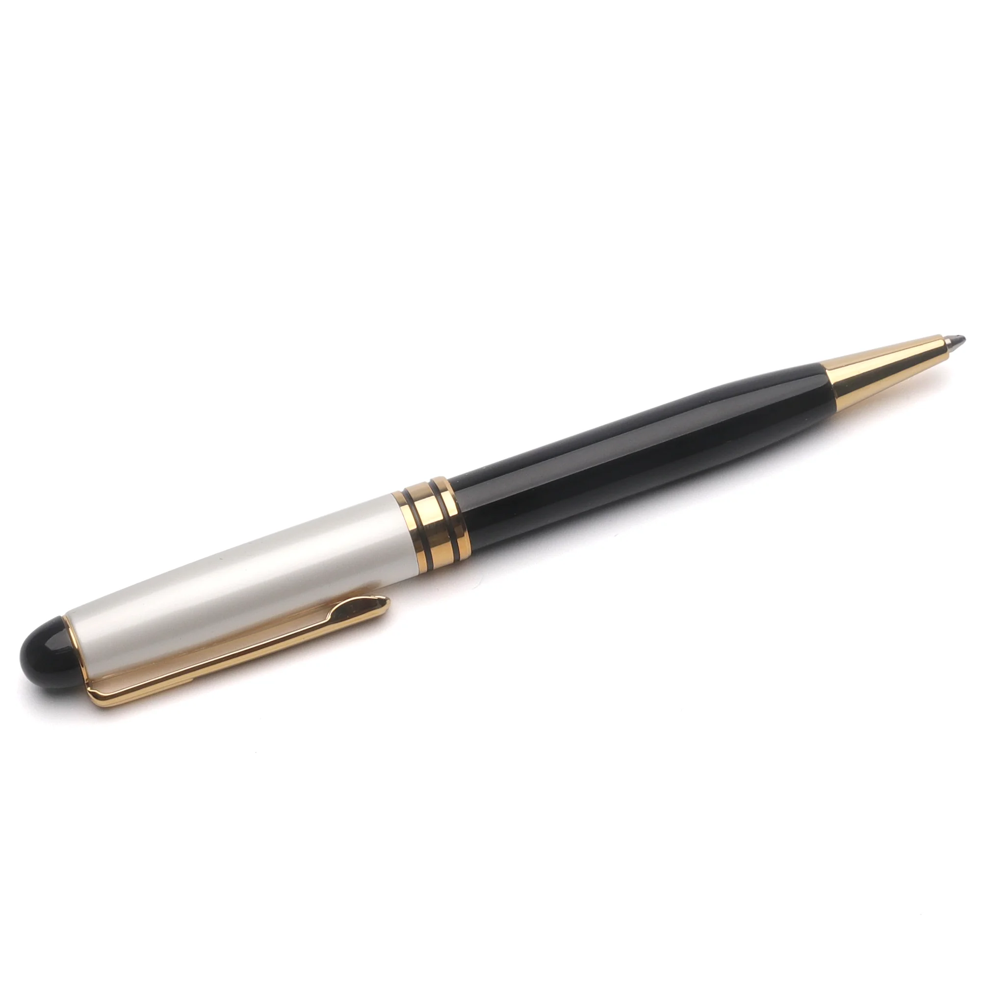 New Design Pearl White Ball Pen with Gloss Black Dome Cap Gold Trim