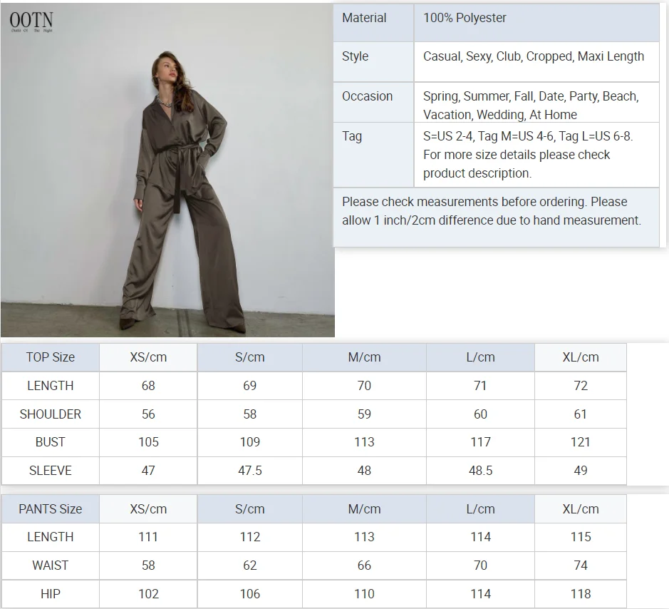 OOTN Lace-Up Long Sleeve Shirts High Waist Trouser Suit Fashion Notched Collar Vintage Satin Wide Leg Pants Set Woman 2 Pieces