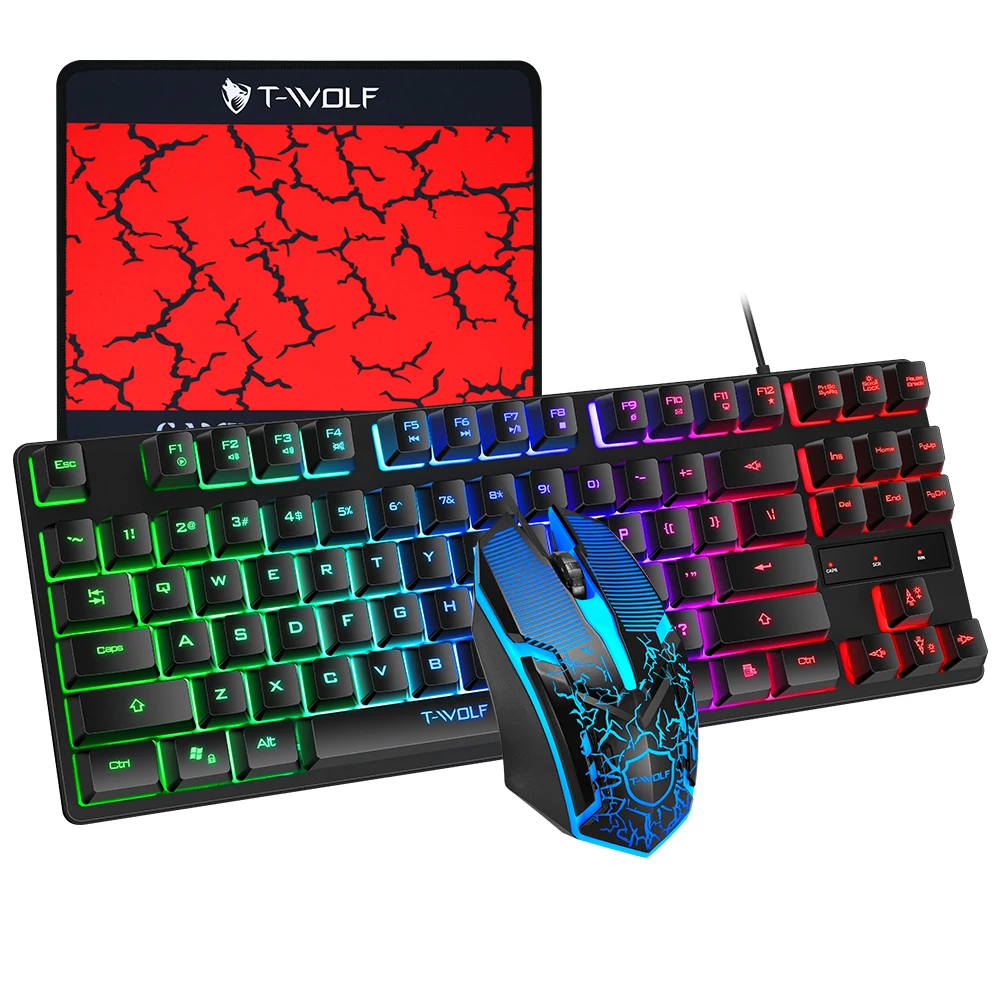Twolf 87 Key Wired Game Keyboard Mouse and mouse pad 3in1 combo for PC computer gamer RGB LED rainbow light keyboard and Backlit