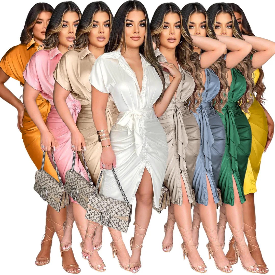 BH385  women Sexy Reflective silk pleated and strapping shirt dress