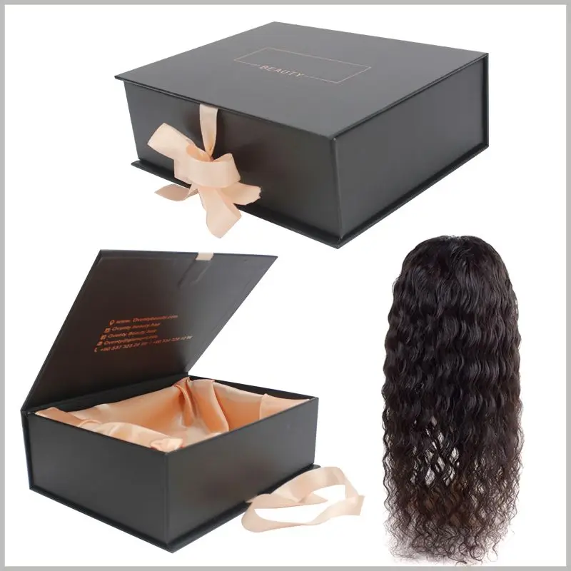 Luxury Large Deep Rectangular Rose Gold Satin Lace Packages Human Hair Wig Packaging Folding Box For Wig Business Hair Products