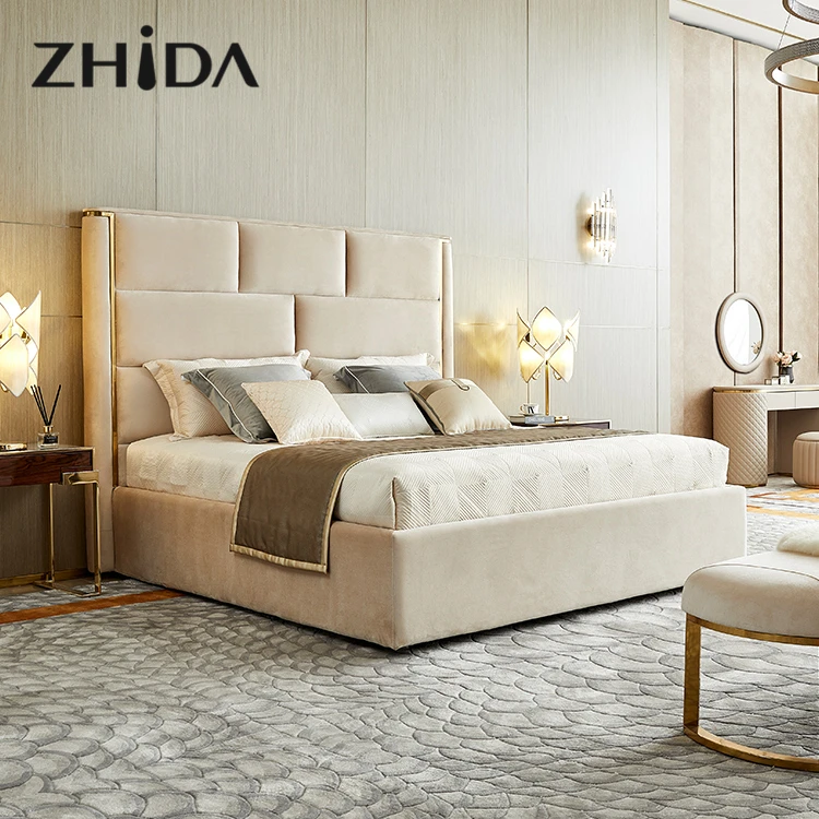 
Factory wholesale dubai design light luxury bed room furniture king size queen wood bed 