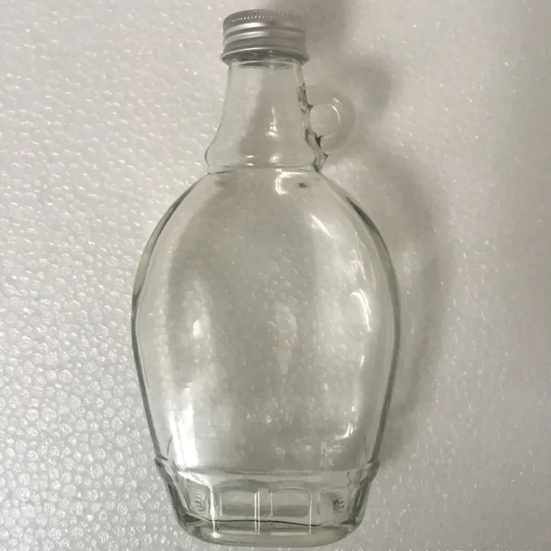 wholesale 12 oz Maple Syrup Bottles Glass Maple Syrup Bottles with Loop Handle with Black Ribbed PE Lined Caps