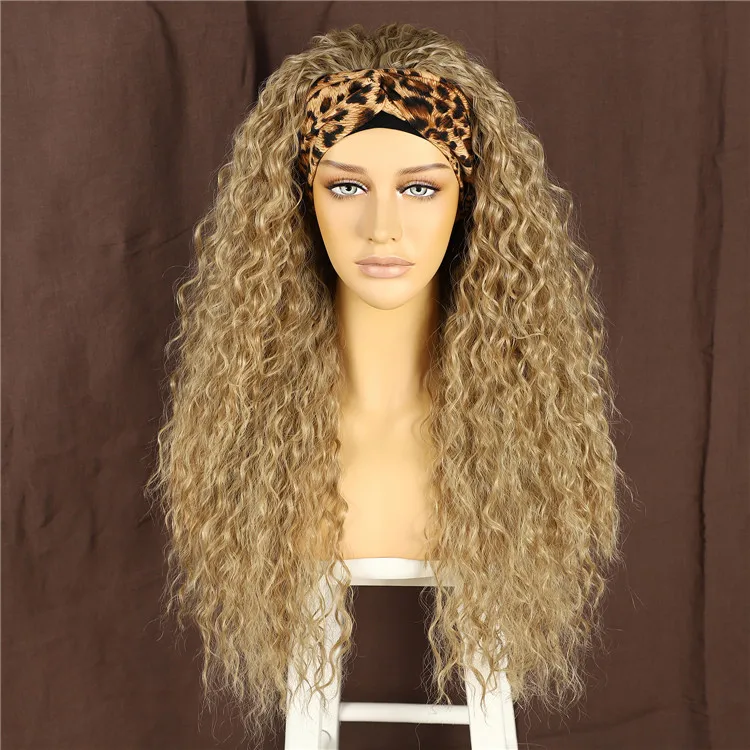 BeautyTown #1624 Afro Women Long Honey Blonde Kinky Curly Headband Synthetic Wig Heat Resistant Wigs for Daily Party Use