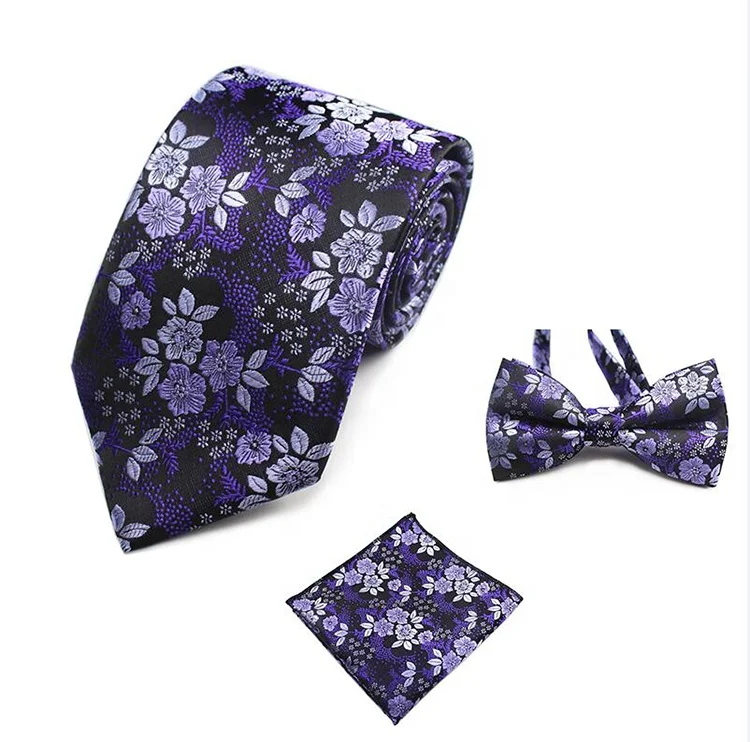 Mens Silk Tie Cravat Necktie 3-in-1 Set with Bowtie and Handkerchief Pocket Square Party Gifts for Men Wedding Dress Accessories